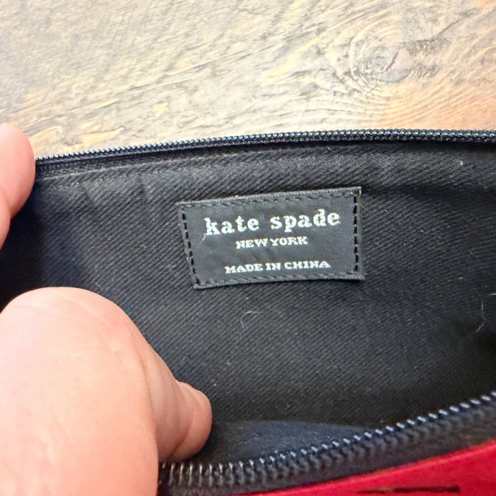 Red Black canvas Kate Spade zip pencil makeup travel pouch GUC